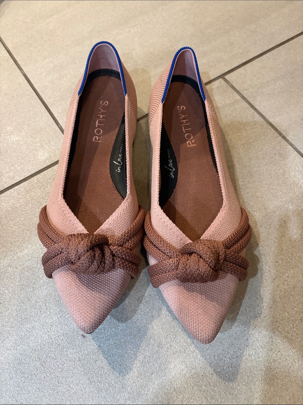 Rothy's Pink Pointed Knot Flats with Brown Accent